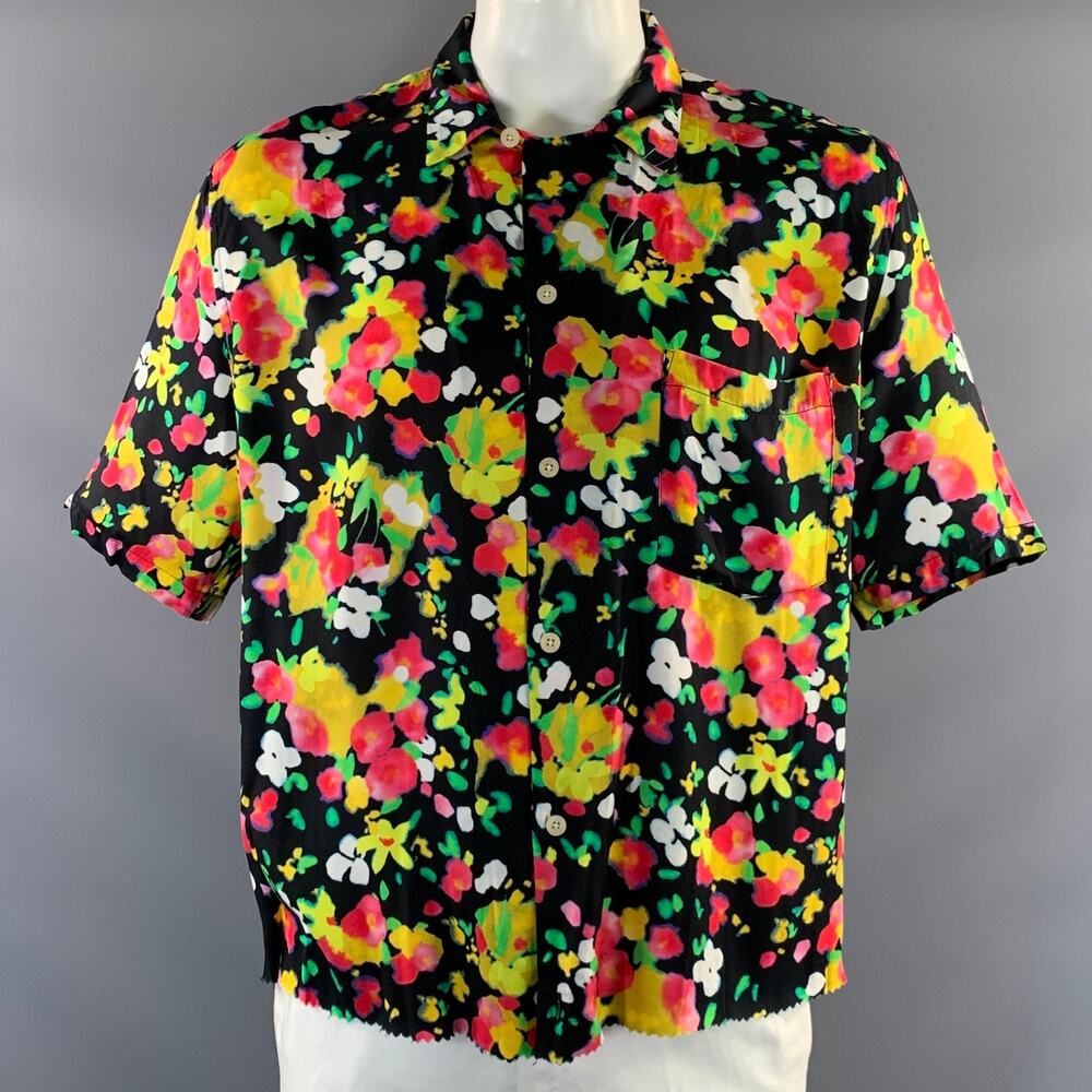 ALLSAINTS Size XXL Black Multi Color Floral Viscose Button Up Short Sleeve Shirt